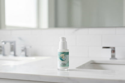 Skincare serum bottle with a dropper on a light gray background